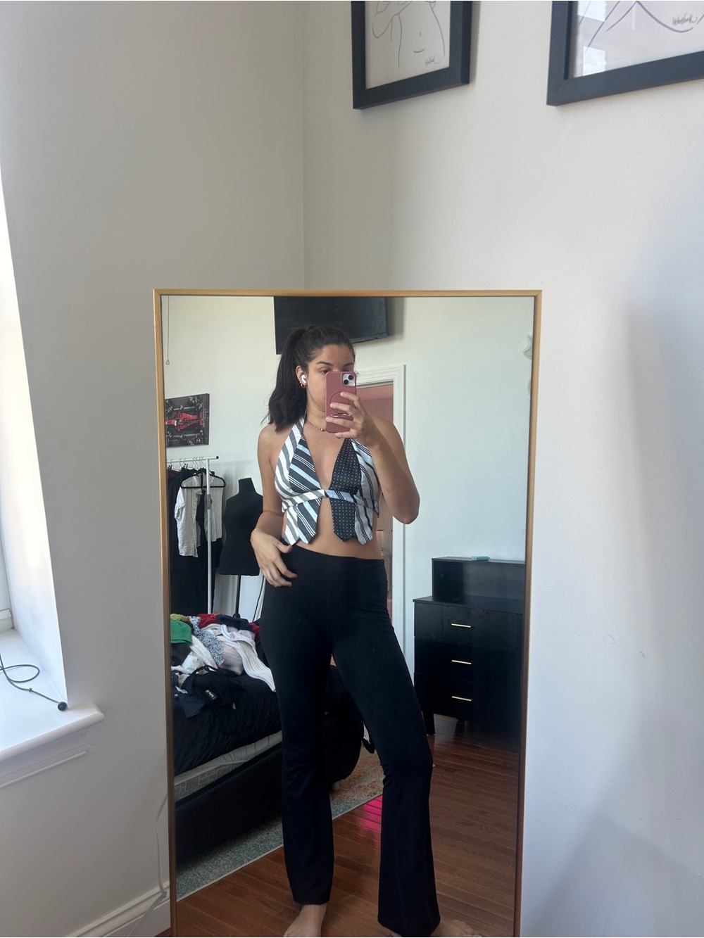 Striped Halter Tie Crop Top in Black & White